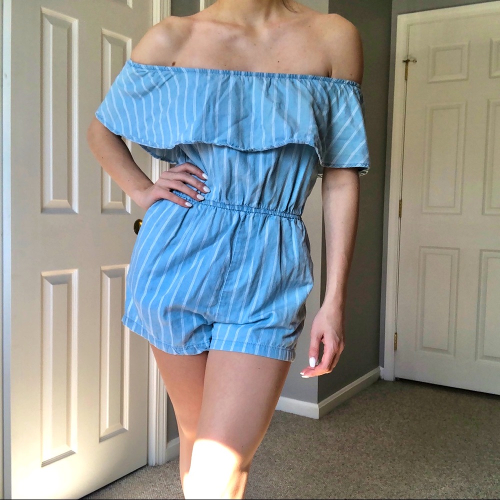 Blue & white stripe romper off the shoulder